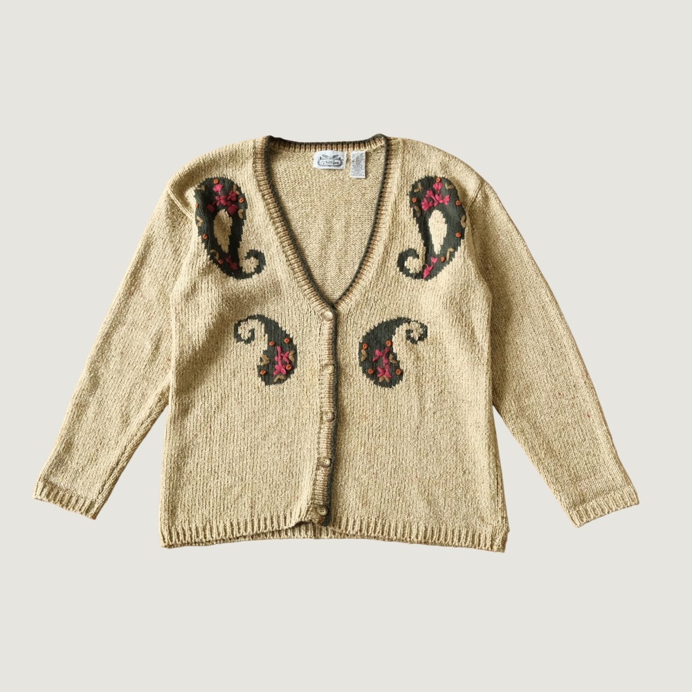 The Villager Cardigan Paisley Embroidered V-Neck Beige Cotton Blend Medium VTG